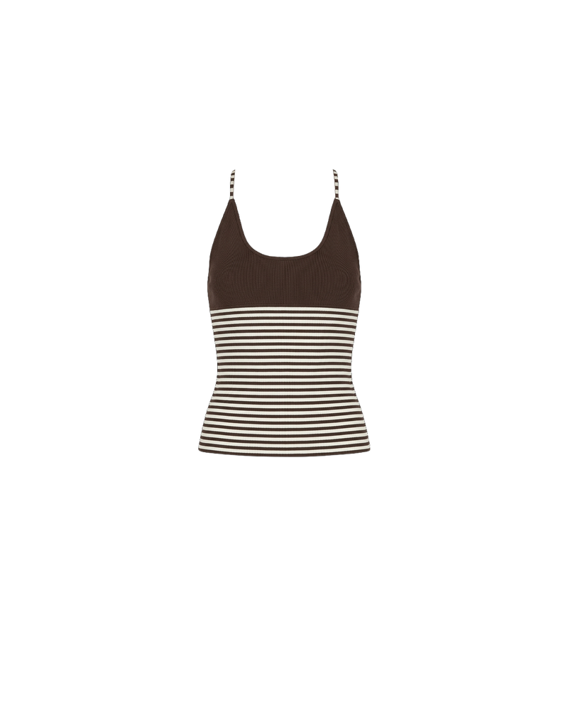 TOFFEE TANK BROWN STRIPE | Lightweight tank top designed in a brown and white striped knit. This tank features long ties that can be worn multiple ways, from a crossover back to a halter, and is the perfect throw-on top for the summer season. 