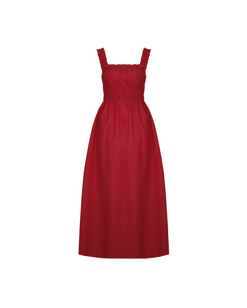 TRULLI DRESS GARNET | Sleeveless cotton midi dress with a square neckline and shirred bodice and straps. This dress falls to a full A-line skirt, that features pockets to house all your essentials.