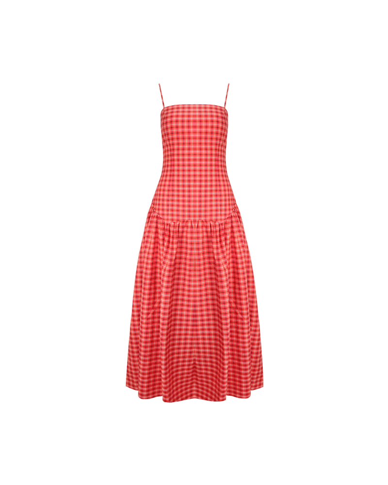 TRULLI MAXI DRESS RED TARTAN | Cotton tartan maxi dress that is fitted through the body then falls to a floaty basque style skirt. This dress features a dropped bodice-style waistline with a full skirt and...