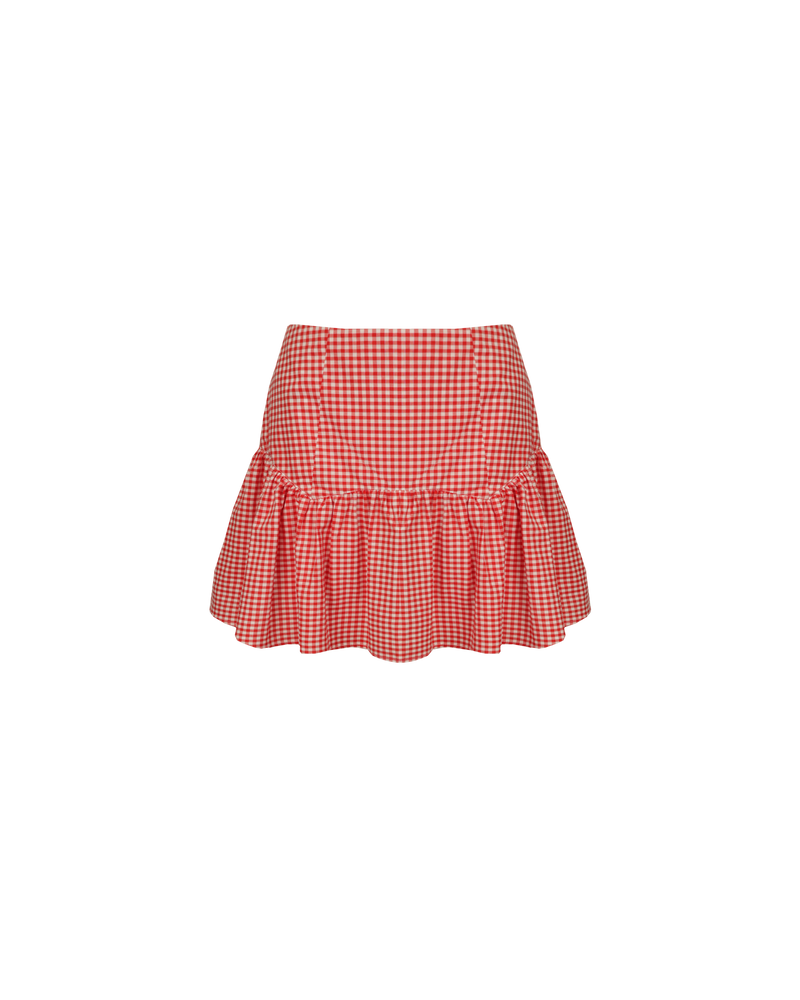 TRULLI MINI SKIRT RED GINGHAM | Floaty, basque style mini skirt imagined in red gingham cotton. This skirt features a dropped bodice style waistline, that falls to a full skirt.