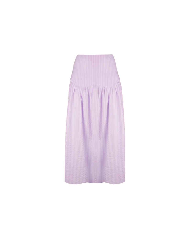 TRULLI SKIRT LILAC STRIPE | Floaty basque style maxi skirt imagined in a lilac striped cotton with a slight bubble texture. This skirt features a dropped bodice style waistline, that falls to a full, wide...