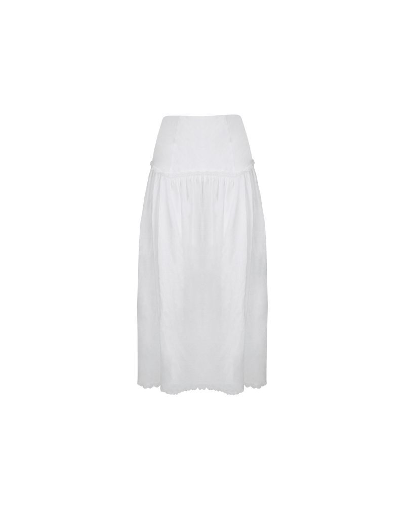 TRULLI SKIRT WHITE LINEN | Floaty basque style maxi skirt imagined in a white linen. This skirt features a bodice-style waistline, that falls to a full, wide skirt. Lace trim at the dropped waistline and...