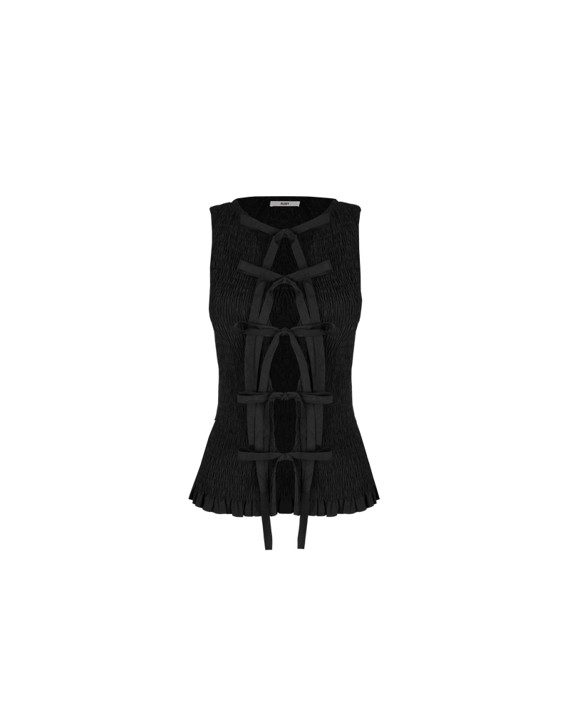 TRULLI TIE TOP BLACK | Sleeveless shirred tank top, with tie closures down the centre front. This tank is designed in a recycled nylon, and pairs with our Rodeo Mini Skirt.