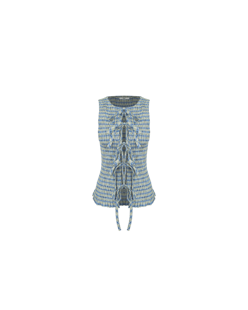 TRULLI TIE TOP BLUE YELLOW CHECK | Sleeveless shirred tank top, with tie closures down the centre front. This tank is designed in a blue and yellow checked cotton, and pairs with our Trulli Pant.
