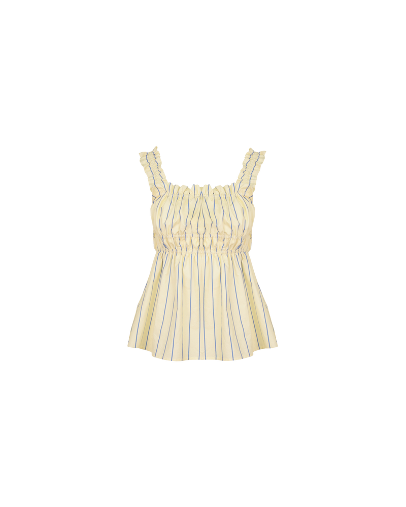 TRULLI TOP BUTTER NAVY STRIPE | Sleeveless cotton top with a square neckline. This top falls to a full A-line shape and has shirring through the bust and straps for an accommodating fit.