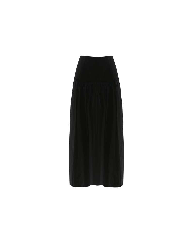 TRULLI SKIRT BLACK | Floaty basque style maxi skirt imagined in a black cotton poplin fabric. This skirt features an asymmetrical bodice-style waistline, that falls to a full, wide skirt.