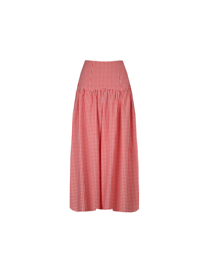 TRULLI SKIRT RED GINGHAM | Floaty basque style maxi skirt imagined in a red gingham cotton. This skirt features an dropped bodice style waistline, that falls to a full, wide skirt.