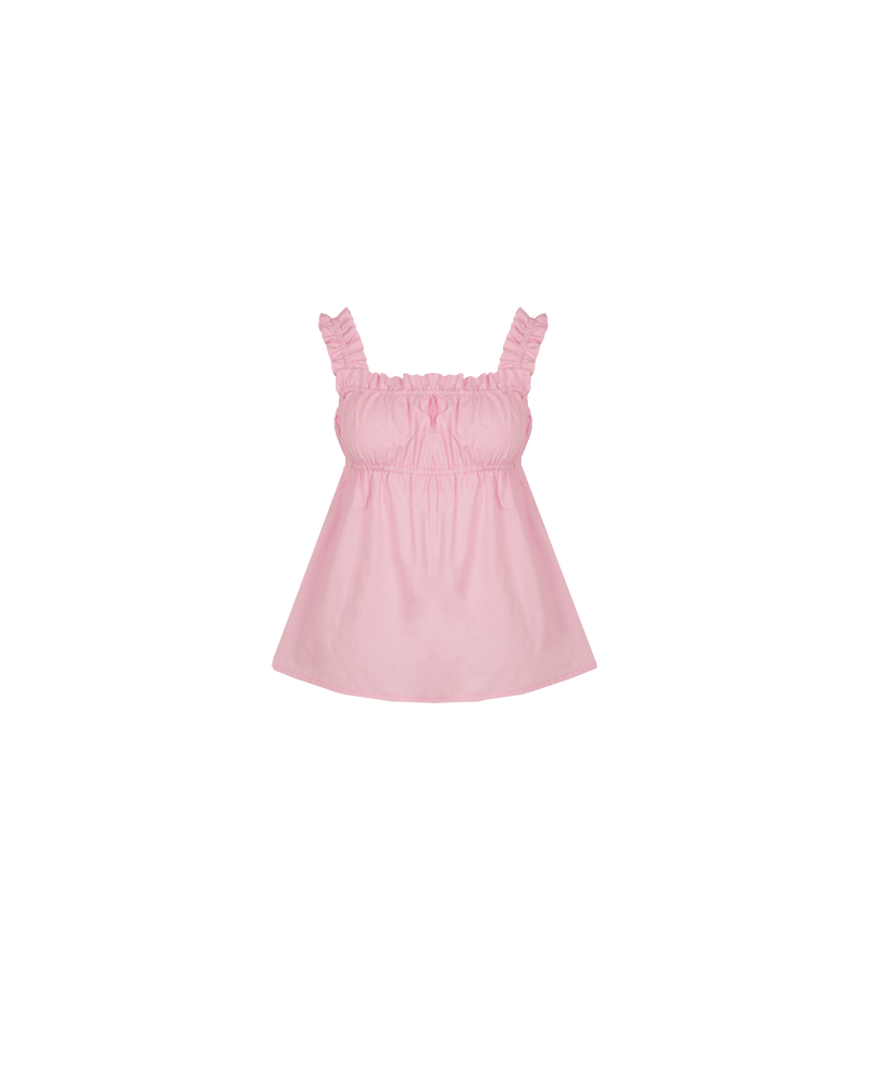 TRULLI TOP PINK | Sleeveless cotton top with a square neckline and shirred bodice and straps. This top falls to a full A-line shape.