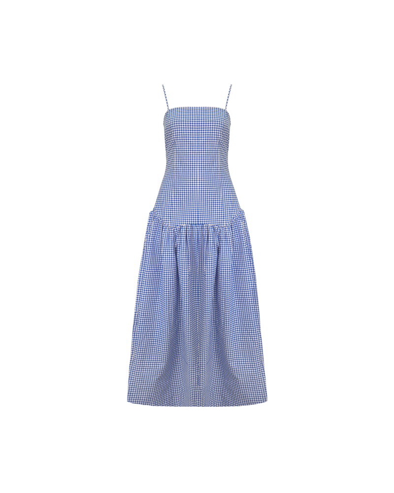 TRULLI MAXI DRESS COBALT GINGHAM | Cotton gingham maxi dress that is fitted through the body, then falls to a floaty basque style mini skirt. This dress features a dropped bodice-style waistline with a full skirt,...