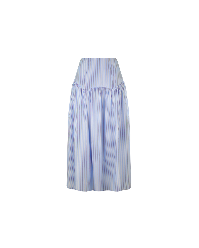 TRULLI SKIRT BLUE SKY STRIPE | Floaty basque style maxi skirt imagined in a blue stripe cotton. This skirt features a dropped bodice style waistline, that falls to a full, wide skirt.
