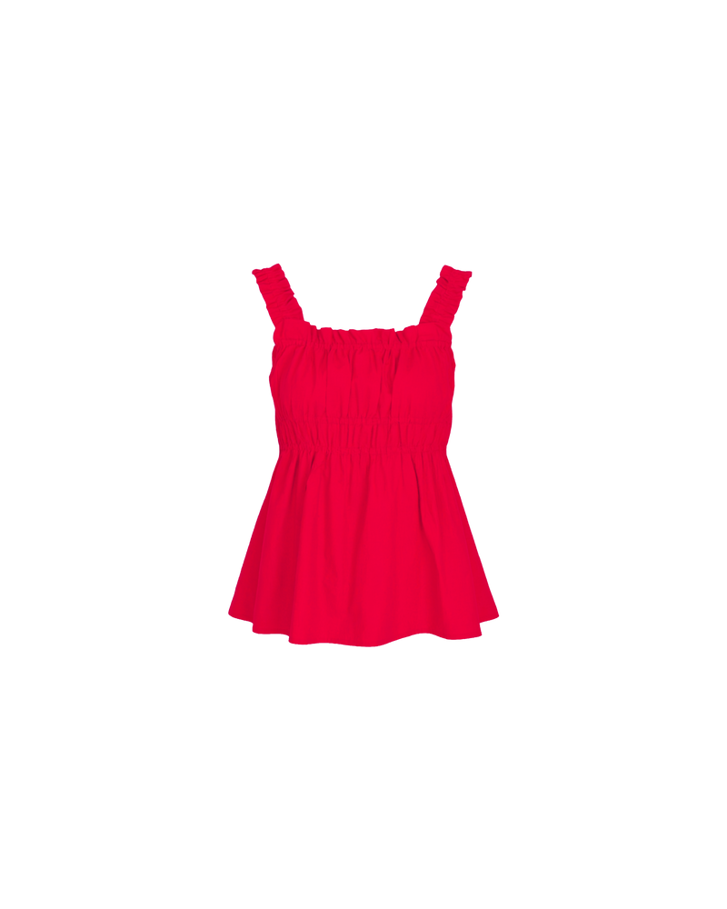 TRULLI TOP CHERRY | Sleeveless cotton top with a square neckline, designed in our cherry red organic cotton. This top falls to a full A-line shape and has shirring through the bust and straps for an accommodating fit. Make it a matching set with our...