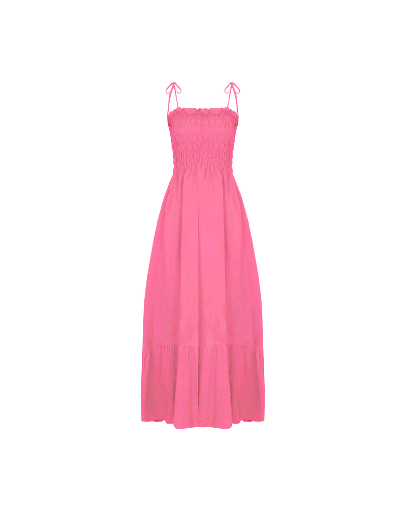 TUI SHIRRED DRESS  PANSY | Strapless linen maxi sun dress designed in a playful pansy pink colour. This dress features a shirred bodice, adjustable spaghetti straps, and a tier at the hem.