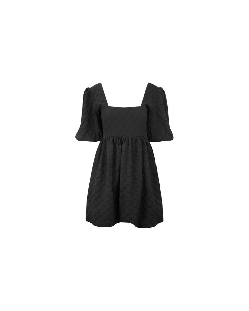 TULIP MINI DRESS BLACK | Short sleeve mini dress designed in a textured burnout checkered fabric. Features a babydoll-style bodice that falls to a floaty A-line skirt.