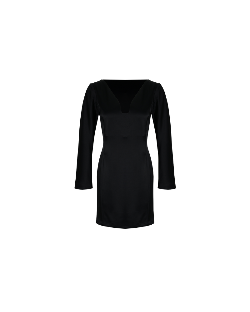 THELMA MINIDRESS BLACK | Slim fit mini dress with panel detailing and a sleeve that finishes just above the wrist. Featuring a V-neckline, this dress is short, slinky forever piece.