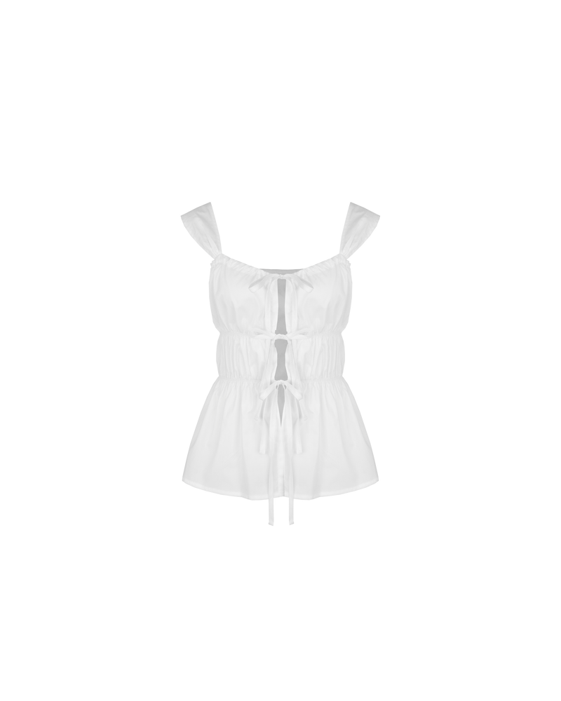 UMA TIE TOP WHITE | Tie front cami with a gathered bust and wide shoulder straps, crafted in a light-weight cotton. An elevated take on a classic cami, this piece is adaptable and can be...