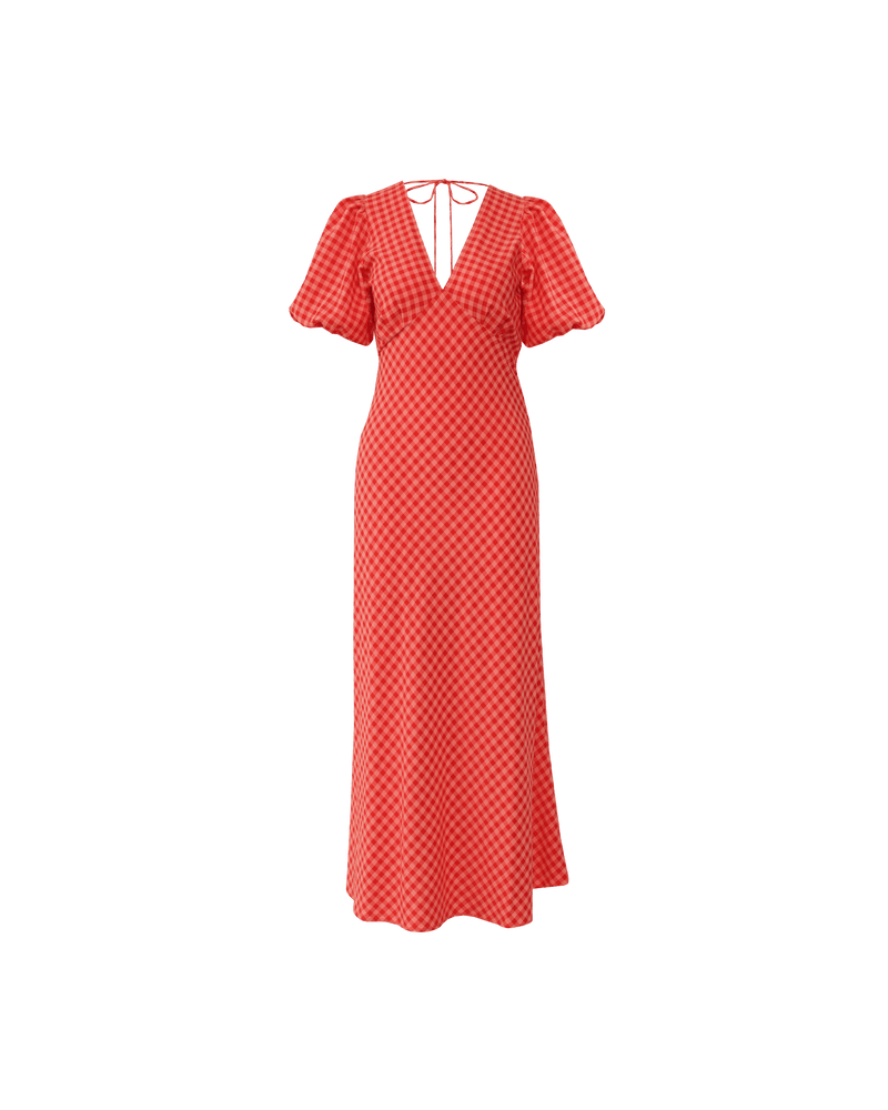 UMA DRESS STRAWBERRY PEACH GINGHAM | Bias cut linen maxi dress with tie closure and a V-neck front and back. Cut in vibrant strawberry and peach gingham, with elasticated puff sleeves and ruched detailing under the bust,...