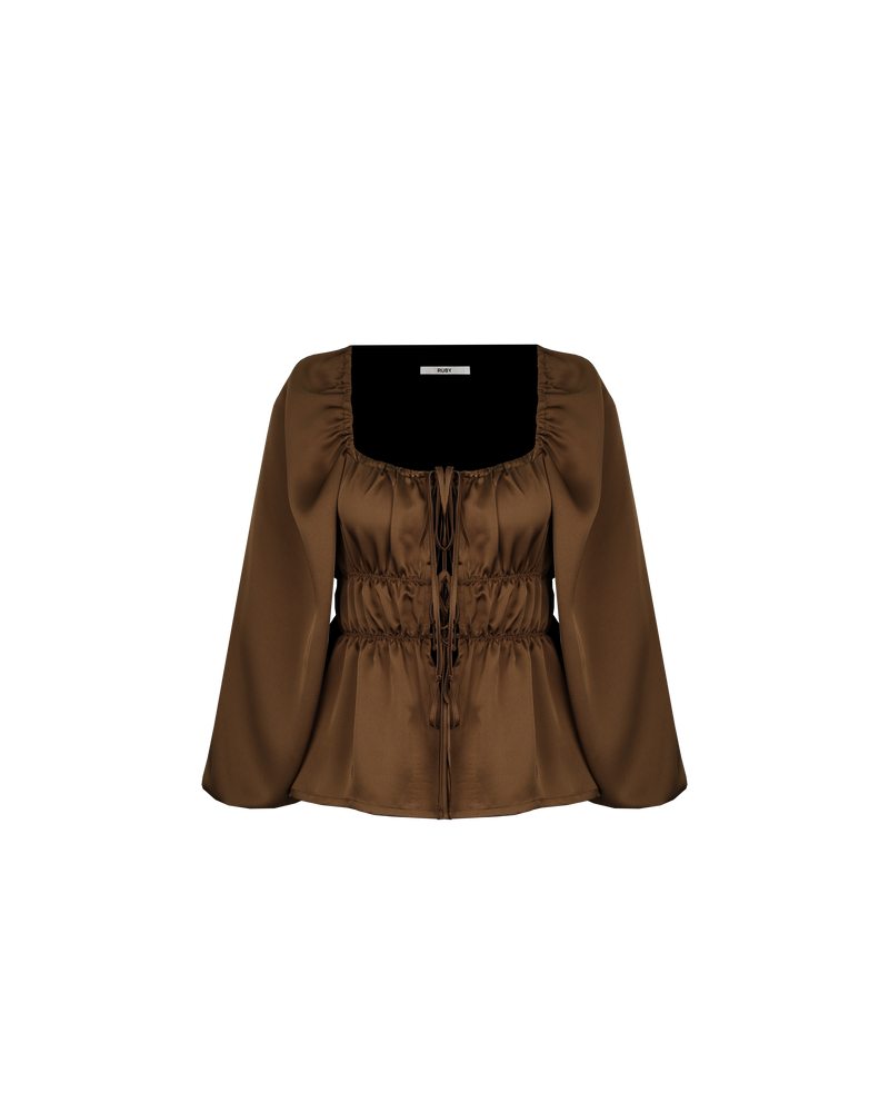 UMA SATIN BLOUSE BRONZE | Tie front blouse with gathered bust and and cuffed blouson sleeves. Cut from lustrous bronze coloured satin, elasticated lines around the bust and the waist make this piece adaptable as it...