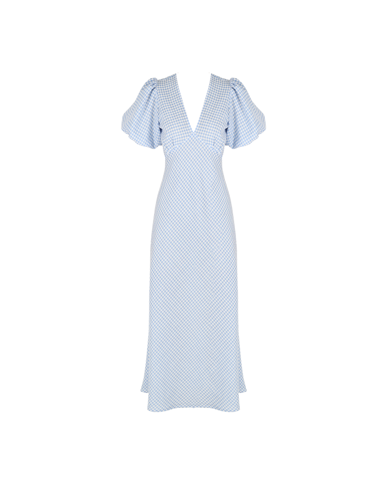 UMA DRESS BLUE GINGHAM | Bias cut cotton maxi dress with tie closure and a V-neck front and back. Back in a new blue gingham, with elasticated puff sleeves and ruched detailing under the bust, its...