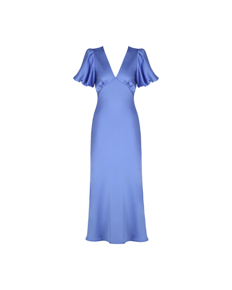 UMA SATIN DRESS PERIWINKLE | Bias cut satin maxi dress with tie closure and a V-neck front and back. Our much loved Uma Dress is back in a periwinkle satin, with elasticated puff sleeves and...