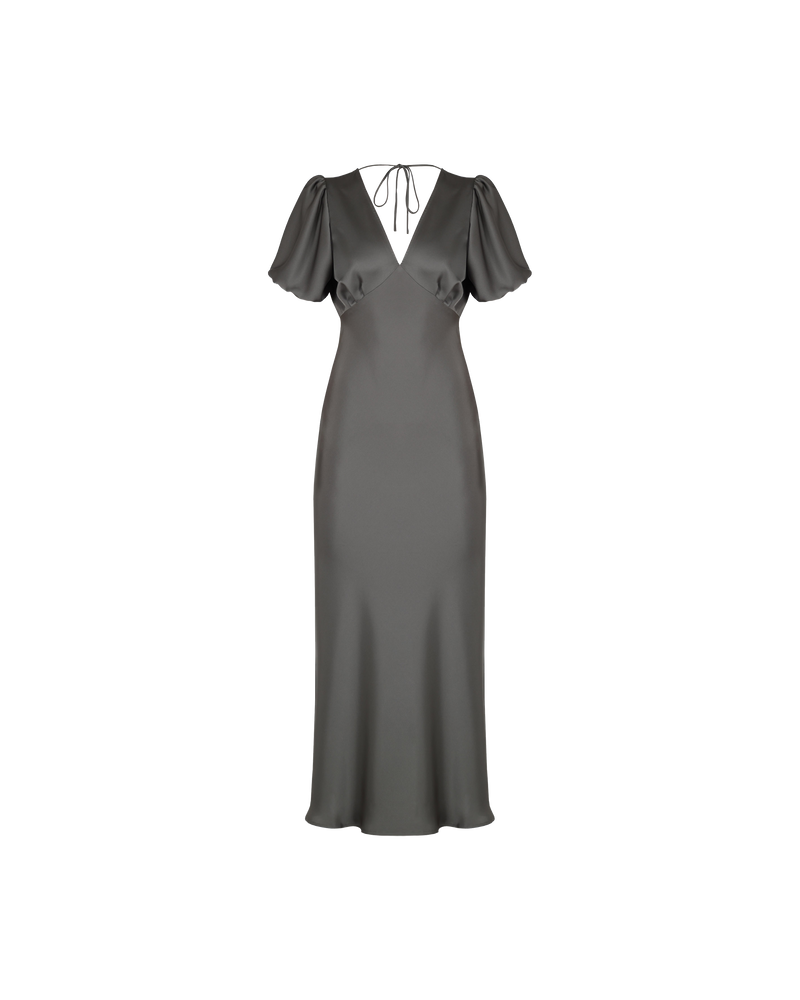 UMA SATIN DRESS CHARCOAL | Bias cut satin maxi dress with tie closure and a V-neck front and back. Back in a new luxe charcoal satin with elasticated puff sleeves and ruched detailing under the...