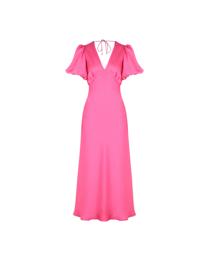 UMA SATIN DRESS HOT PINK | Bias cut satin maxi dress with tie closure and a V-neck front and back. Back in a new hot pink satin, with elasticated puff sleeves and ruched sleeve detailing under...