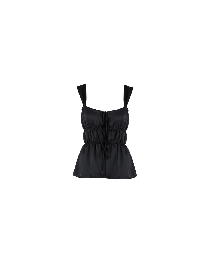 UMA SATIN TIE CAMISOLE BLACK | Tie front cami with a gathered bust and wide shoulder straps, crafted in a luxe black satin. An elevated take on a classic cami, this piece is adaptable and can...