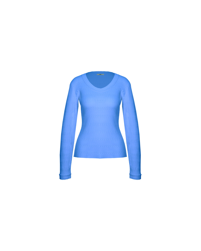VANYA LONGSLEEVE PERIWINKLE | 
Braided knit long sleeve designed in a soft mid-weight knit with a plush hand-feel. This top has a neckline rib detail that adds to the luxe feel of the piece.