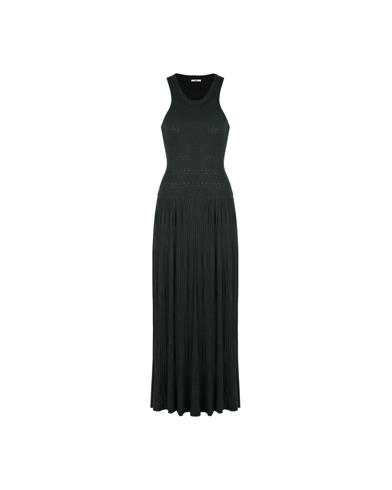 VANYA DRESS KHAKI | Braided knit dress designed in a soft mid-weight yarn with a plush handfeel. Designed in a rich forest green colour, this dress has a feature rib detail at the neckline...