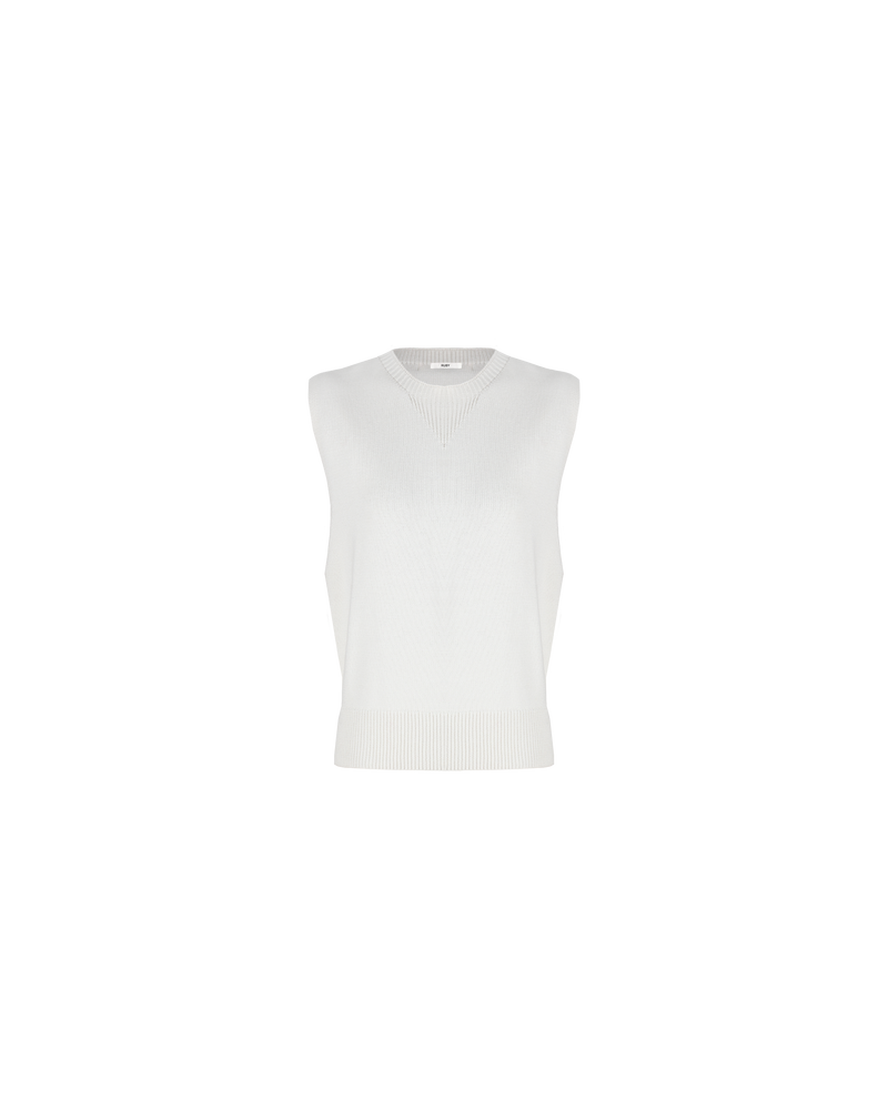 MILES VEST CREAM | Cream mock neck knit vest designed in a soft cotton knit. Features a V ribbing detail at the neckline and a ribbed hem.