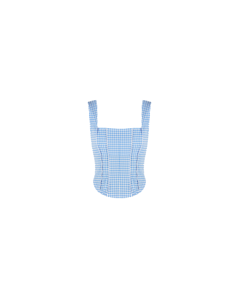 VITTORIA BODICE BLUE GINGHAM | Fitted crop bodice with a square neckline in a blue gingham. Vertical panels add to the structured shape of this bodice, while visible seams across these panels add texture to...