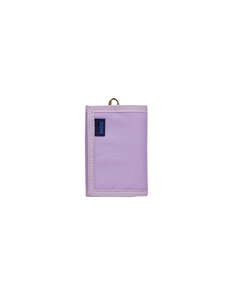 NYLON WALLET LILAC | Trifold wallet with four card pockets, a bill fold and velcro closure in a vibrant lilac colour. Features a loop so you can clip it to your keychain or person.