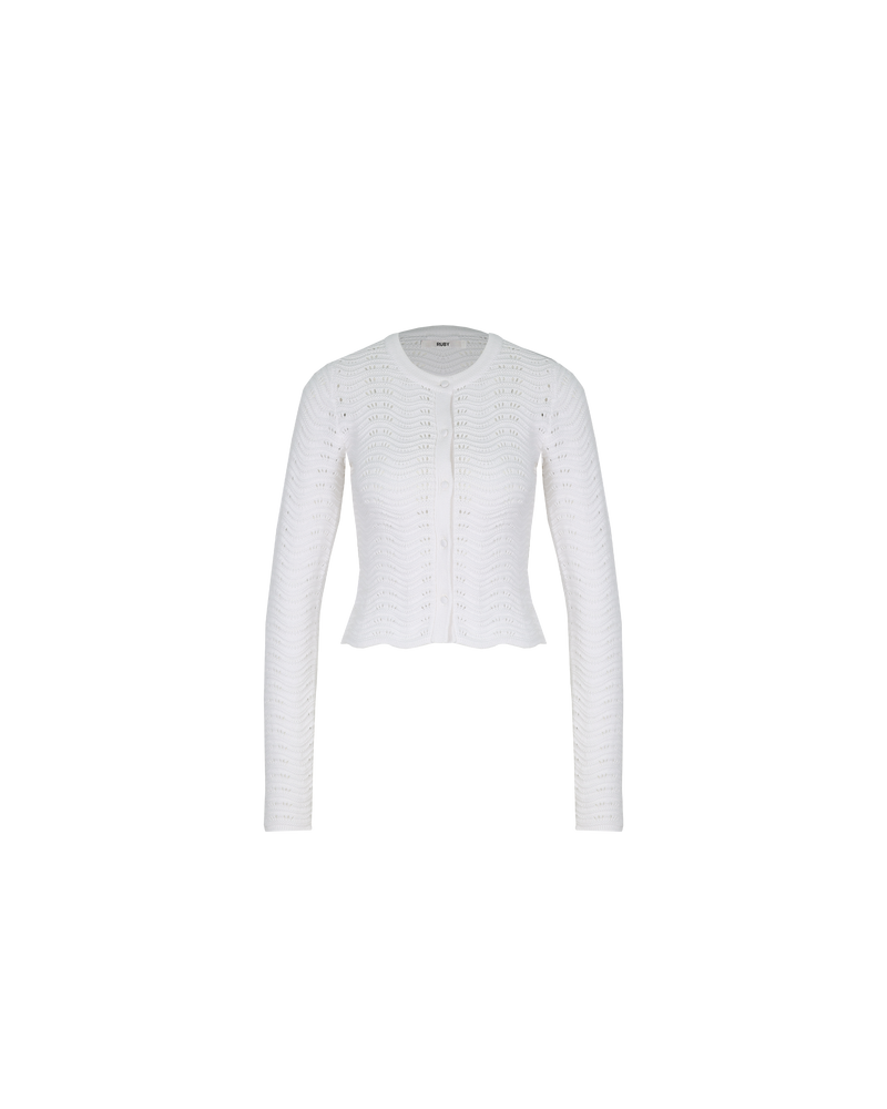 PARADISO CARDIGAN WHITE | Longsleeve cardigan designed in a wavy knitted cotton. This cardigan sits slightly cropped with a high neckline.