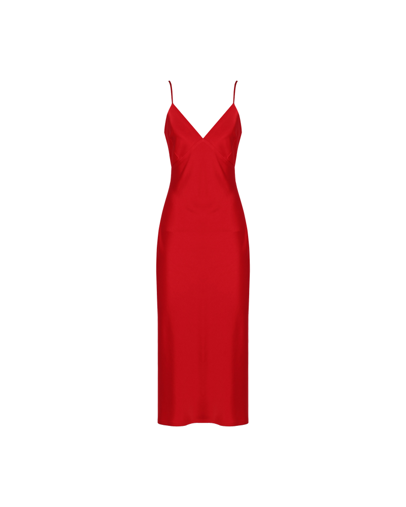 WEIRDER SLIP LIPPY RED | Iconic bias cut slip dress with plunging neckline. A wardrobe staple in heavy weight double satin that is lush to wear, in a new sheeny lipstick red colour.