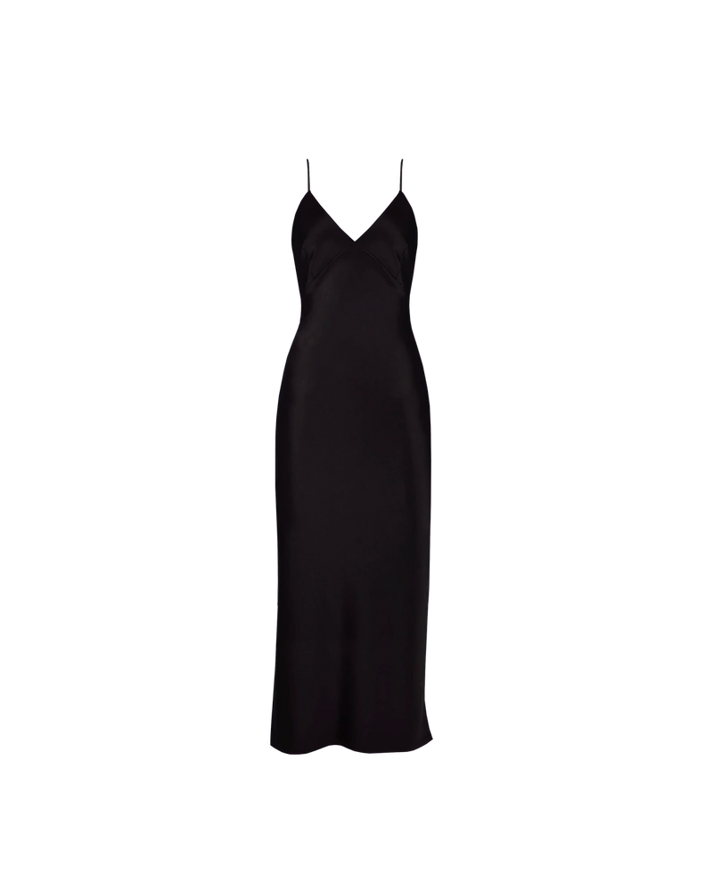 WEIRDLY SLIP BLACK | Iconic bias cut slip dress with plunging neckline in a new longer length. A wardrobe staple in heavy weight double satin that is lush to wear, in a sheeny black.