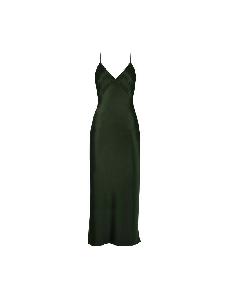 WEIRDLY SLIP JETTA GREEN | Iconic bias cut slip dress with plunging neckline in a new longer length. A wardrobe staple in heavy weight double satin that is lush to wear, in a sheeny jetta...