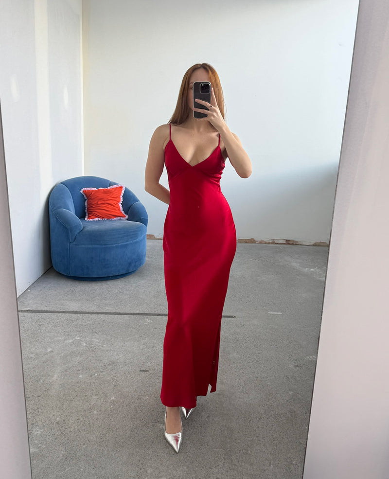 WEIRDLY SLIP LIPPY RED | Iconic bias cut slip dress with plunging neckline in a new longer length. A wardrobe staple in heavy weight double satin that is lush to wear, in a sheeny lippy...