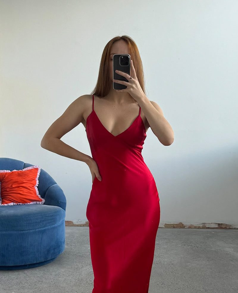 WEIRDLY SLIP LIPPY RED | Iconic bias cut slip dress with plunging neckline in a new longer length. A wardrobe staple in heavy weight double satin that is lush to wear, in a sheeny lippy...