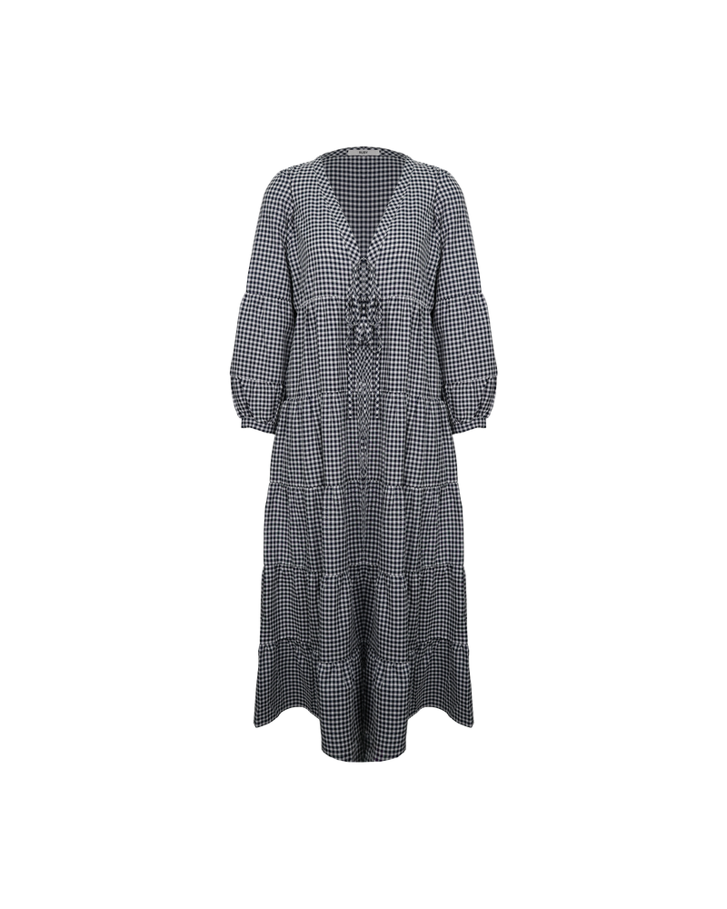 WREN TIERED MAXI DRESS NAVY GINGHAM | 
Long sleeve tiered maxi dress with V-neck and tie closure. Balloon sleeves and tiered ruching throughout the body gives this piece a floaty silhouette.