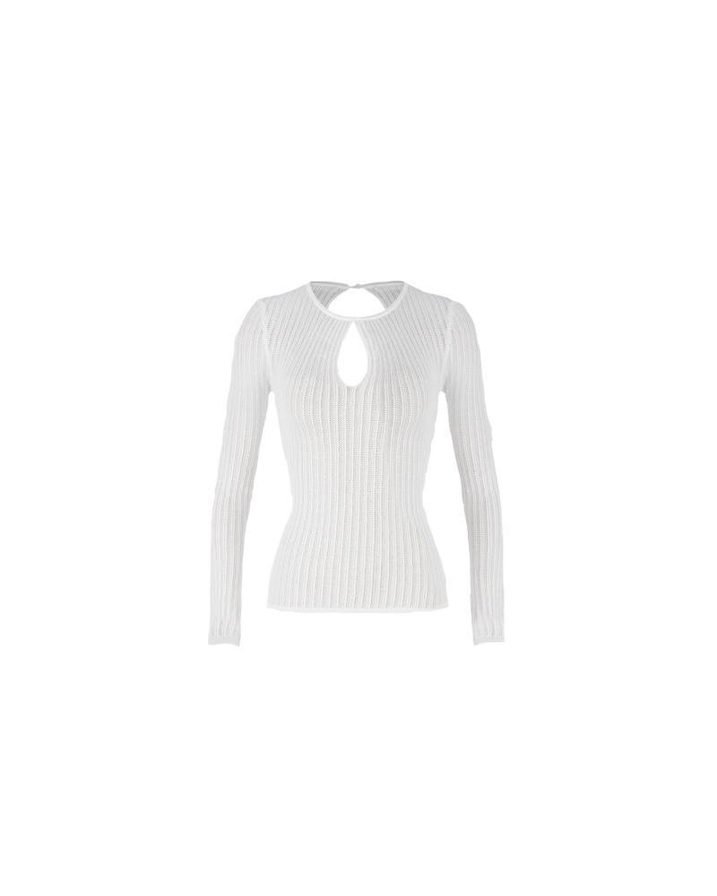 WREN KNIT LONG SLEEVE IVORY | An elevated take on a staple white rib knit. This semi-sheer long sleeve is fitted to form with a keyhole detail that takes this piece from simple to sleek.