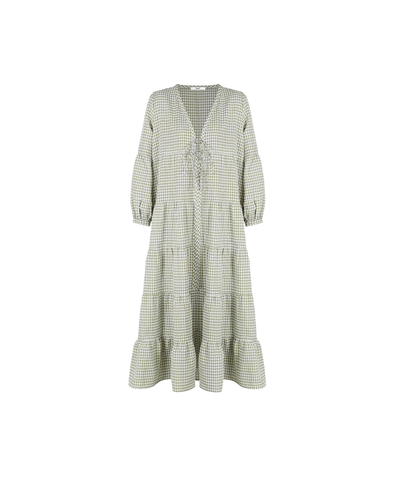 WREN TIERED MAXI DRESS KHAKI GINGHAM | Longsleeve tiered maxi dress with V-neck and tie closure. Balloon sleeves and tiered ruching throughout the body gives this piece a floaty silhouette.