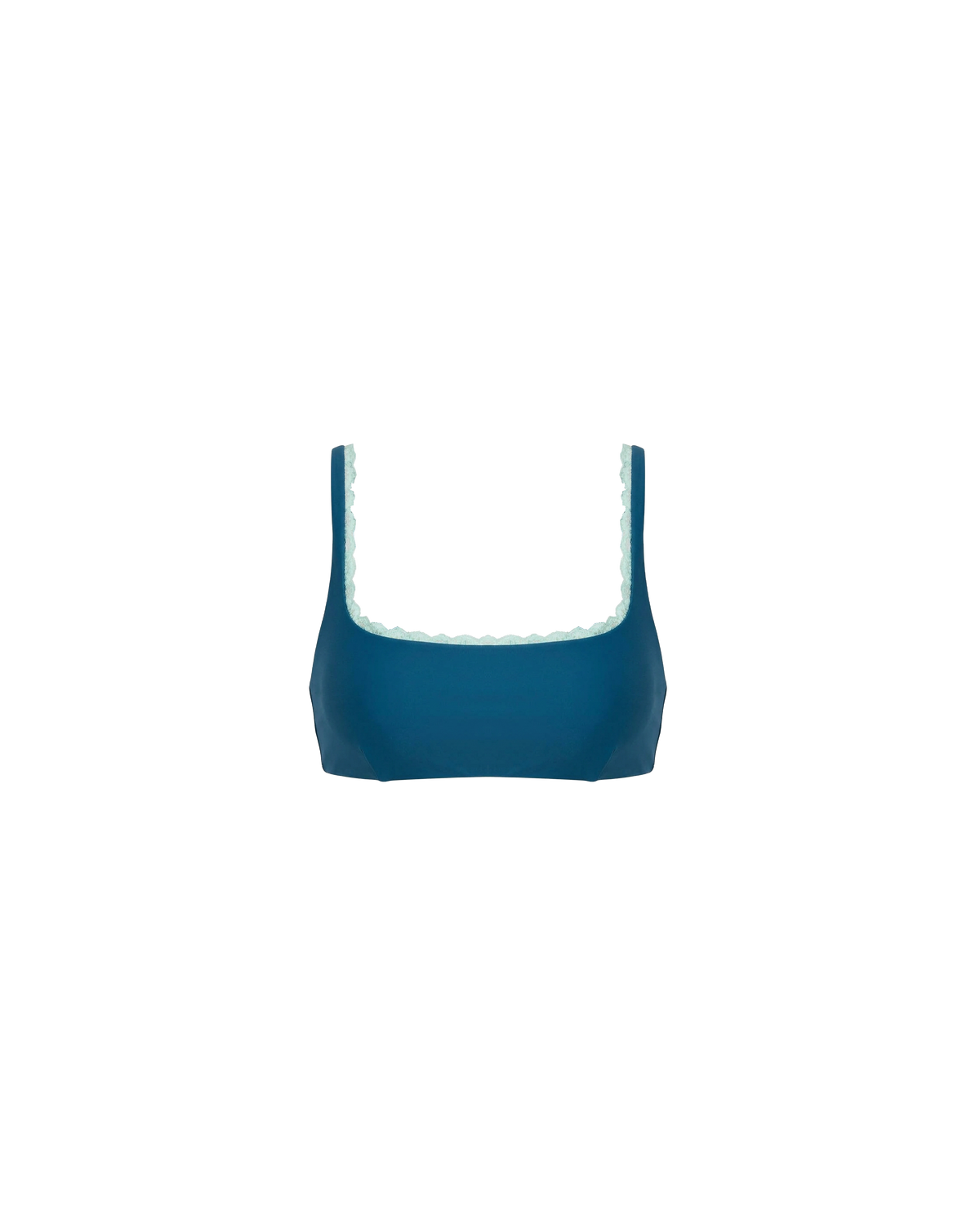 WYLIE BIKINI TANK TOP NAVY | Named after the Wylie's Baths in Sydney, this navy scoop neck bikini top is designed for higher coverage and support with a peek of aqua lace trim along the bust. With an adjustable back tie and straps for a flexible...