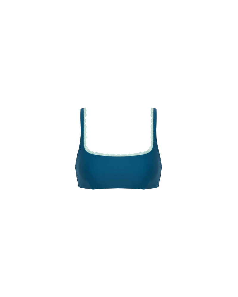 WYLIE BIKINI TANK TOP NAVY | Named after the Wylie's Baths in Sydney, this navy scoop neck bikini top is designed for higher coverage and support with a peek of aqua lace trim along the bust. With an adjustable back tie and straps for a flexible...
