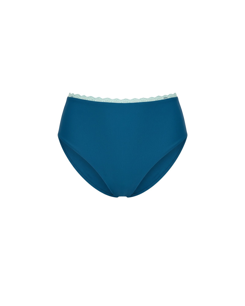 WYLIE HIGH WAIST BIKINI BOTTOM NAVY | Named after the Wylie's Baths in Sydney, these navy bikini bottoms are designed with full coverage and a high waisted cut. Featuring an aqua lace trim, make it a matching set with the Wylie Bikini Top or mix and match...