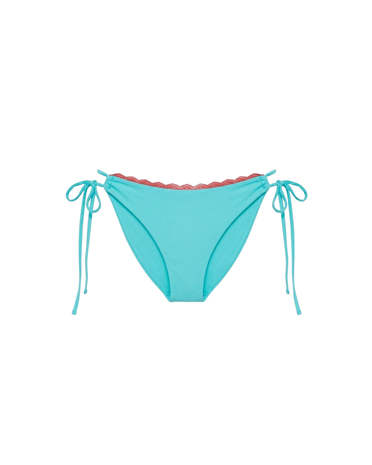 WYLIE TIE-SIDE BIKINI BOTTOM AQUA | Named after the Wylie's Baths in Sydney, these aqua bikini bottoms are designed with a cheeky cut and adjustable side ties. Featuring a bright orange contrast lace trim, make it a matching set with the Wylie Triangle Bikini Top or...