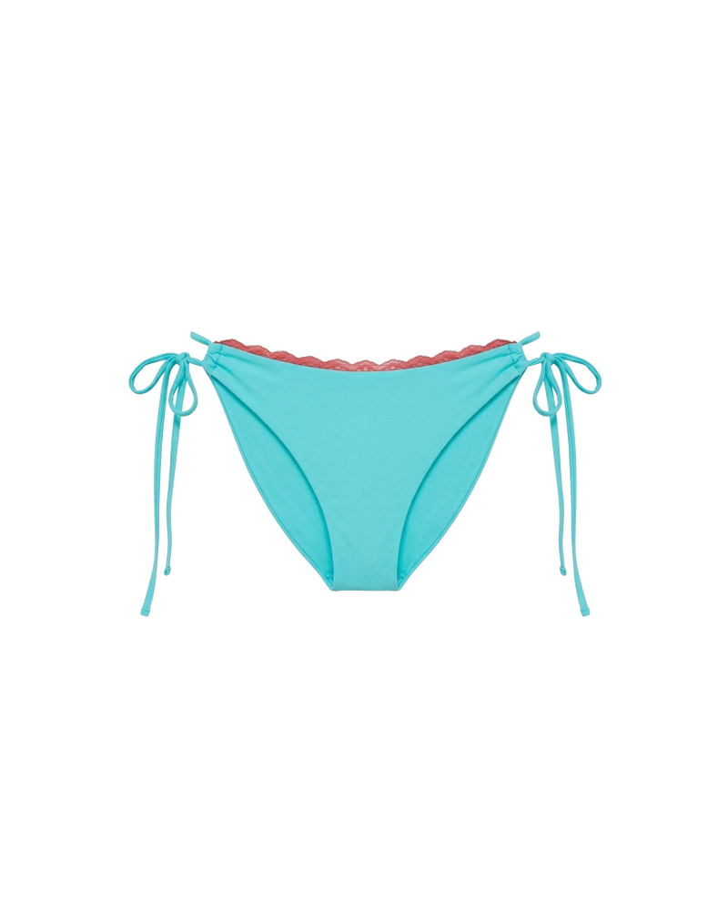 WYLIE TIE-SIDE BIKINI BOTTOM AQUA | Named after the Wylie's Baths in Sydney, these aqua bikini bottoms are designed with a cheeky cut and adjustable side ties. Featuring a bright orange contrast lace trim, make it a matching set with the Wylie Triangle Bikini Top or...