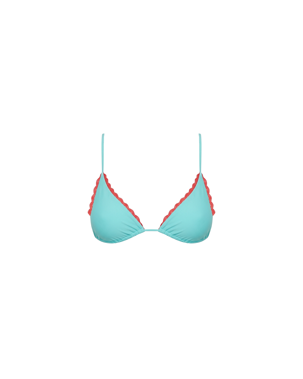 WYLIE TRIANGLE BIKINI TOP AQUA | Named after the Wylie's Baths in Sydney, this aqua bikini top is designed in a classic triangle style with a feature vermillion lace trim. With adjustable ties for a flexible fit, make it a set with the Wylie Tie-side Bikini...