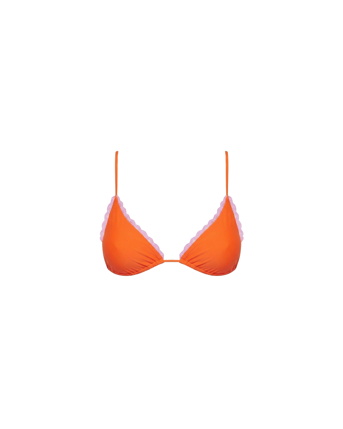 WYLIE TRIANGLE BIKINI TOP VERMILLION | Named after the Wylie's Baths in Sydney, this vermillion bikini top is designed in a classic triangle style with a vibrant pink lace trim. With adjustable ties for a flexible fit, make it a set with the Wylie Tie-side Bikini...