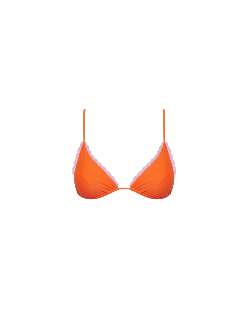 WYLIE TRIANGLE BIKINI TOP VERMILLION | Named after the Wylie's Baths in Sydney, this vermillion bikini top is designed in a classic triangle style with a vibrant pink lace trim. With adjustable ties for a flexible fit, make it a set with the Wylie Tie-side Bikini...
