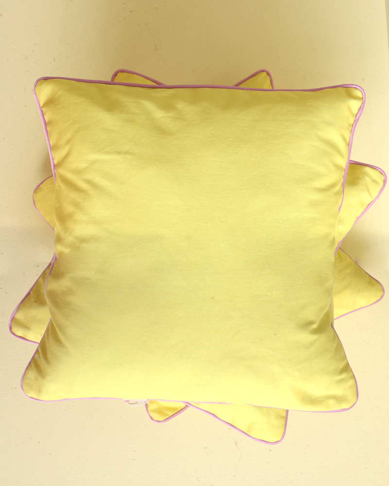 PIPE DREAM RECYCLED CUSHION SUNSHINE PINK | Our very own RUBY cushions have arrived! Medium-sized decor cushion designed in yellow cotton with a feature pink piping around the edge. The perfect way to bring some colour into...
