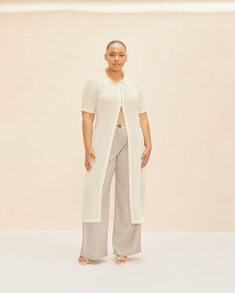 AUGUST TROUSER CAMEL STRIPE | High Waisted wide leg suit pant in a relaxed fit designed in a soft grey striped suiting fabric. Softly tailored to perfection.